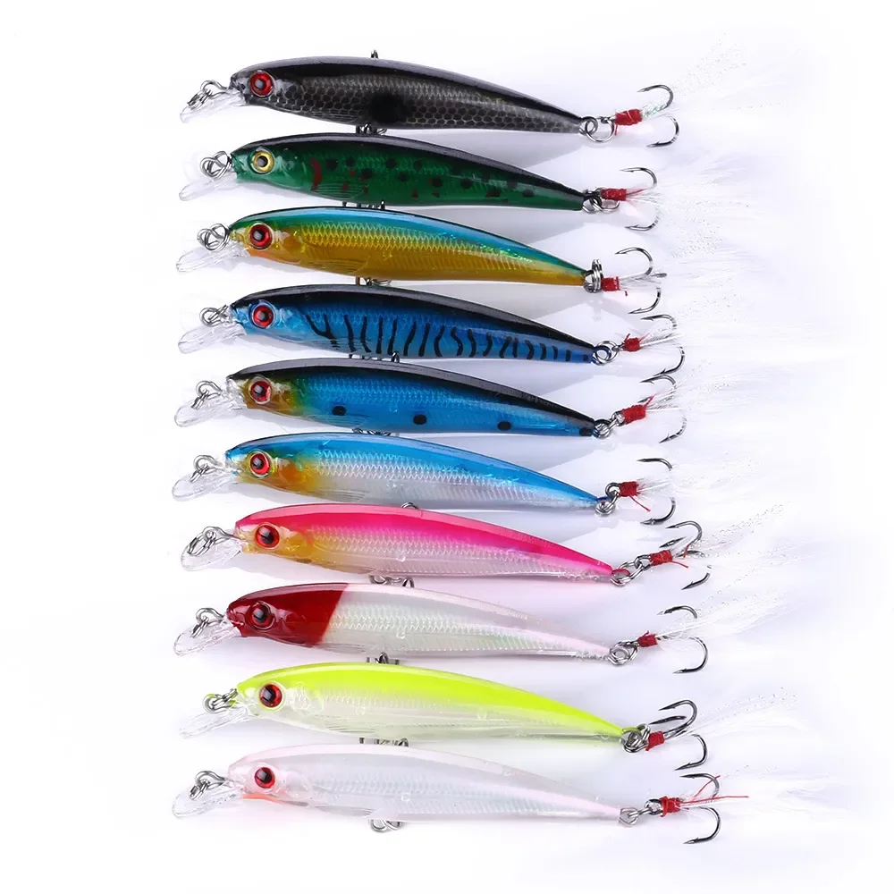 

9cm/8g10pcs Larser Minnow Fishing Lures Set Catch Bass Faster with Feather Hook Artificial Bait Crankbait