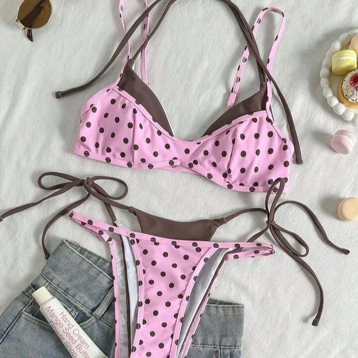 Women's 2-piece Sets Bikini Polka Dot Triangle Top Tie Side Bottom Bikinis Swimwear Beachwear Swimsuit Halter Neck Two Piece