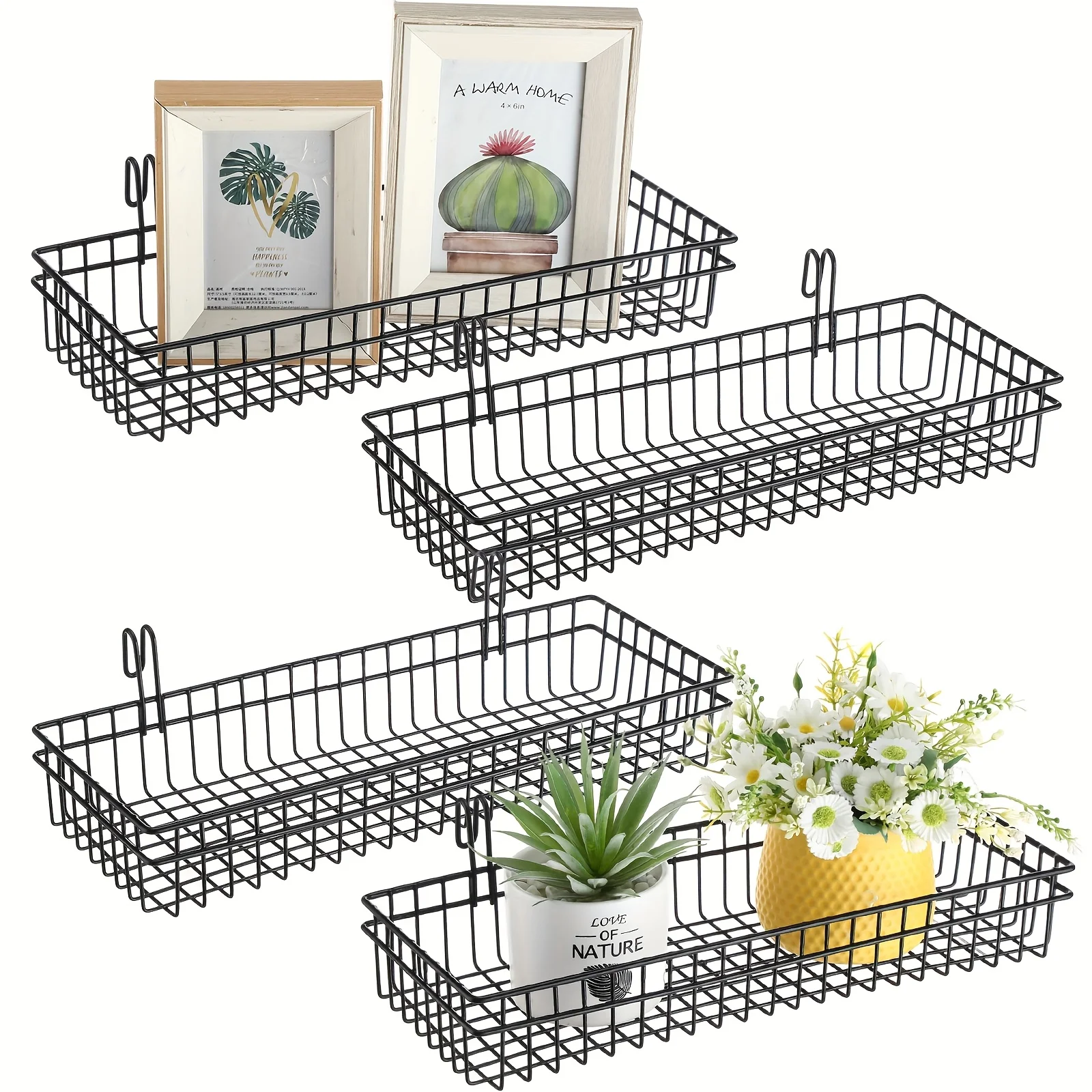 

4pcs Heavy-Duty Metal Grid Wall Shelves with Hooks - Modern Hanging Wire Basket Storage Organizer, Multi- Suitable for Kitchen, Bathroom, Pantry, - Space-Saving Shelf Unit with Hanging Grid (No Revisions) for Display & Organizing