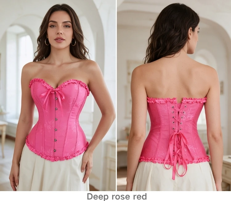 Damen Vintage Jacquard Korsett-Top, trägerlos, mit Rüschen vorne, Busk-Rücken, Schnürung, 20 Farben, für Feiertage, Partys und Abendgarderobe – Detail 24
