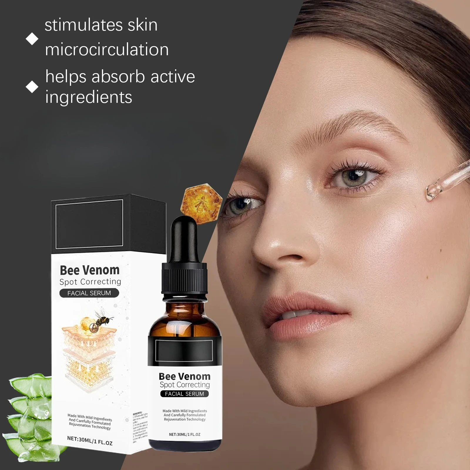 

Bee venom black spot essence contains nicotinamide to fade spots and moisturize face