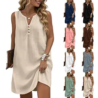 Robes d'été pour femmes, sans manches, en coton et lin, col en V, robe de plage décontractée, robe de fête, robe unie pour les vacances 2