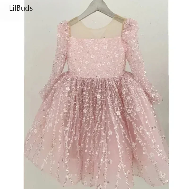 2024 Children Birthday Evening Party Matching Princess Ball Gown Long Sleeve Formal Dresses Kids Girls Elegant Shinny Sequin