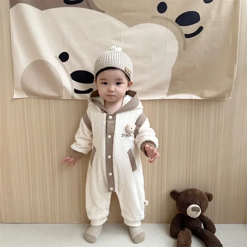 2023 Winter Kids Baby Boys Cute 3D Bear Color Blocking Romper - Infant Newborn Thicken Plush Keep Warm outwear,Toddler jumpsuits