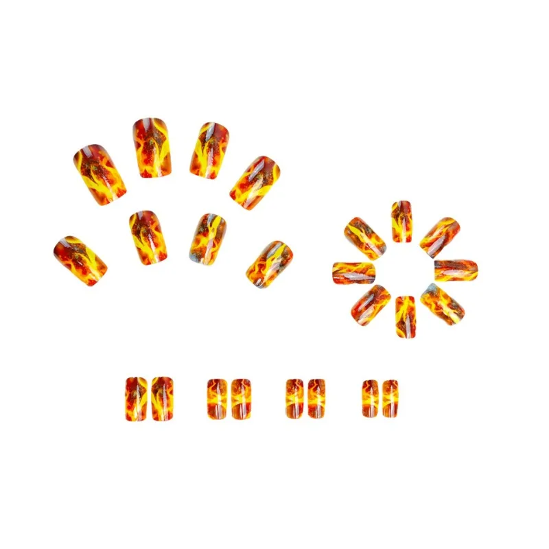 24 Pcs Medium Long Woman False Nails for Gluing Flame Pattern Nails Press on With Design Fake Nail Sticky Nails with Charms 2025