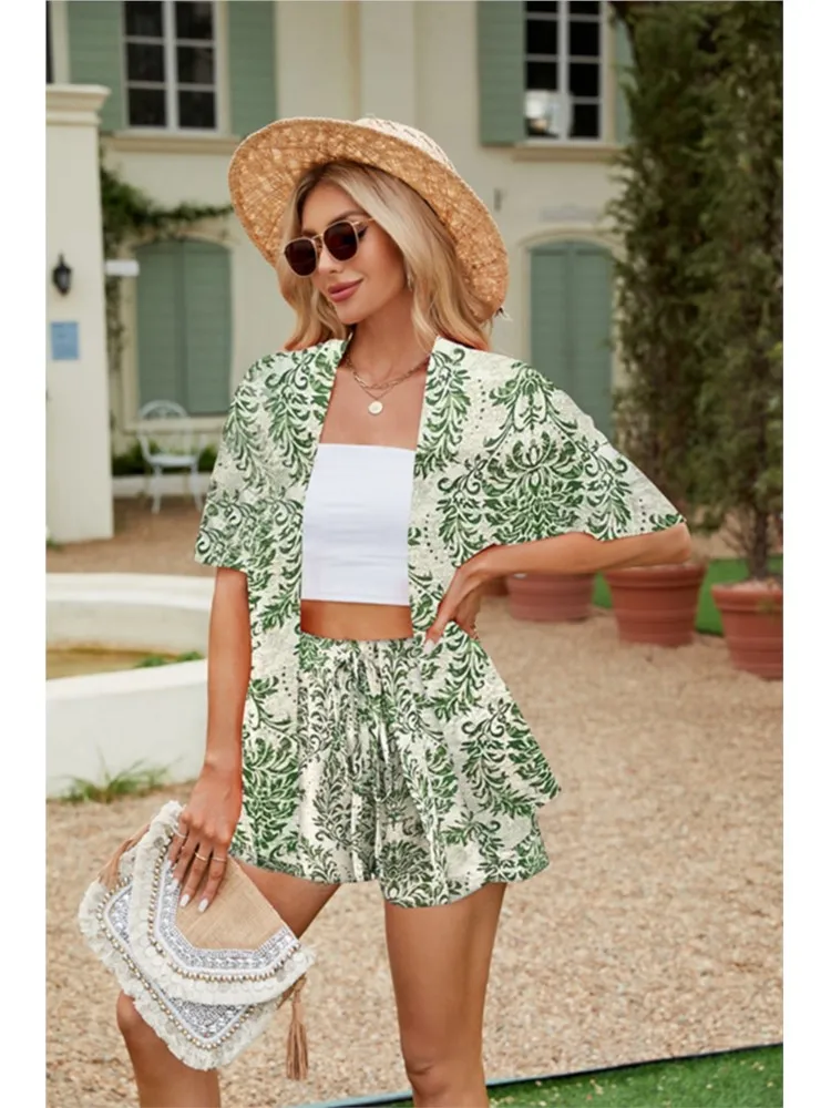 Summer Casual 2 Piece Set Women\'s New Floral Print Short Sleeve Shirt Top Elastic Waist Shorts Set Fashion Elegant Loose Suit