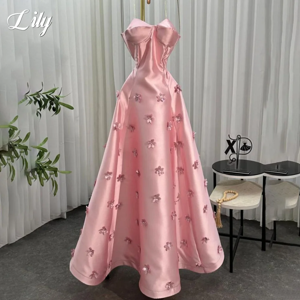 Lily Pink A-Line Simple Prom Dress Sweetheart Sleeveless Evening Gowns with Appliques 3D Flowers Satin Party Dress Customized