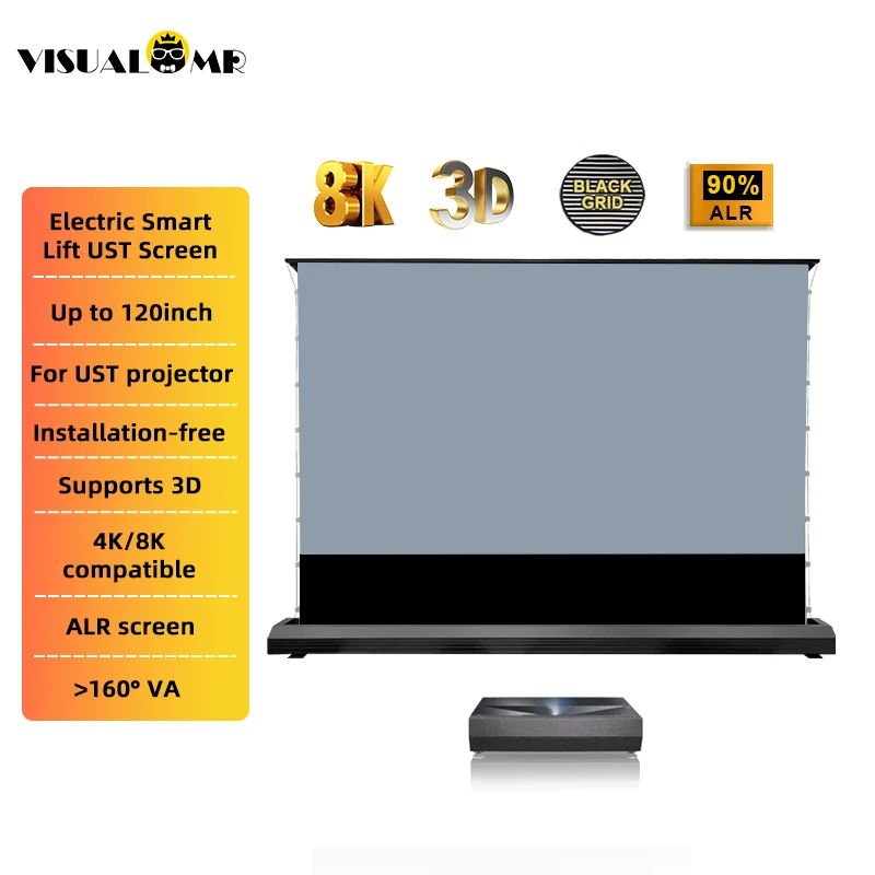 

2026 Горячий 120-дюймовый электрический натяжитель вкладки для пола ALR Экран проектора Отклоняющий окружающий свет Моторизованный для UST Laser TV 3D 8K