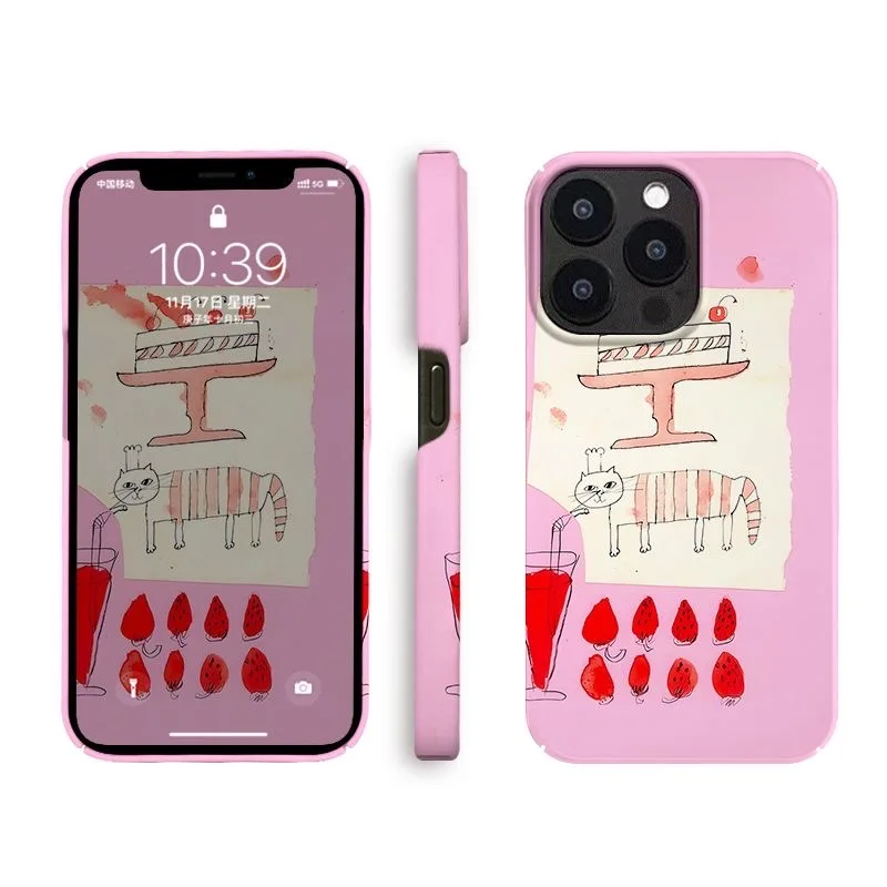 Cute Cartoon Case para iPhone, Hard Mobile Phone Cases, Ins, Rosa, Morango, Rosa, Ins, 14, 13, Pro, Max, 15Plus, 15PRO, 12