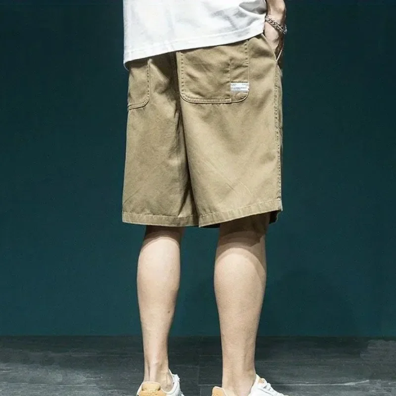 With Pockets Men's Cargo Shorts Draw String Half Baggy Solid Bermuda Male Short Pants Elastic Waist Loose Long Wide Summer Y2k