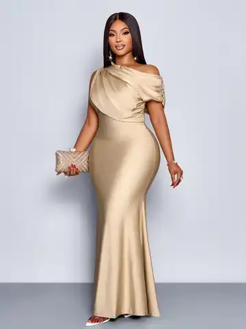 Elegant Off-Shoulder Plus Size Fishtail Evening Dress in Shiny Apricot for Wedding Party