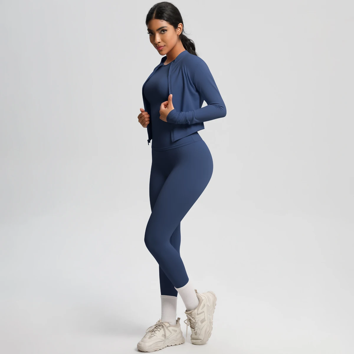 Yoga Three Piece Set for Woman's Solid Color Yoga Zipper Long Sleeves Slim Casual Running Shirts Top High Waisted Fitness Pants