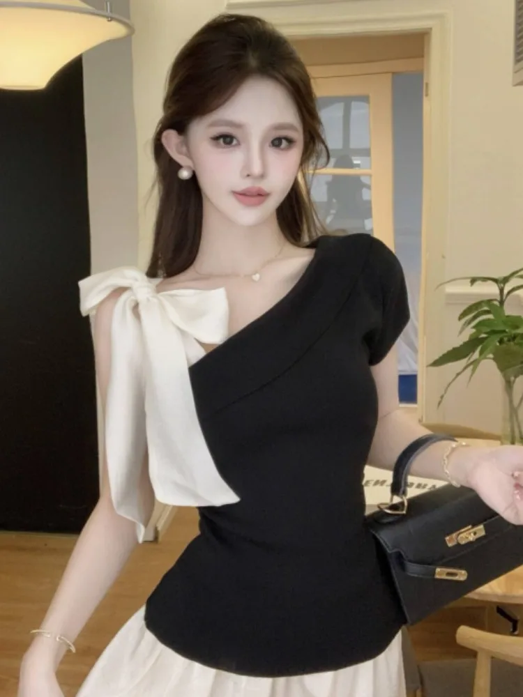 

Женская модная летняя футболка Slim Fit с коротким рукавом, с поясом, узлом и цветовыми блоками, утягивающий топ в корейском стиле для повседневной носки