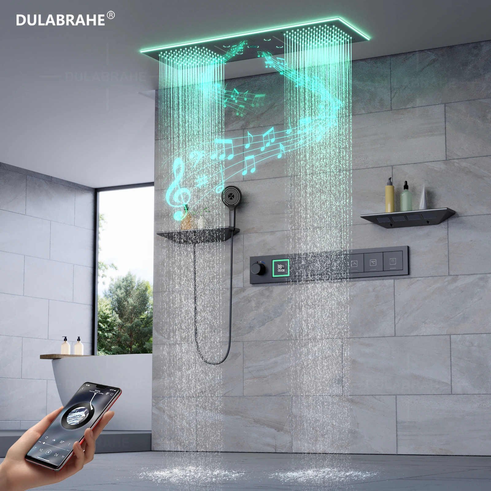 Music LED Shower Gun Grey 900x300MM Suspended Ceiling Waterfall Rain Mist Thermostat Digital Display Shower Set System