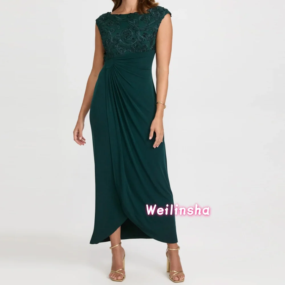Customized Elegant Lace Appliques Wedding Guest Dress Chiffon Sleeveless Jewel Neck Ruching Mother of The Bride Dress