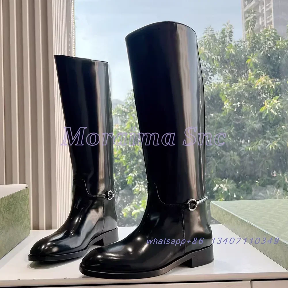 

2025 New Metal Buckle Round Toe Knee High Boots Block Mid Heel Slip On Sexy Fashion Women's Long Boots Autumn Winter Casual