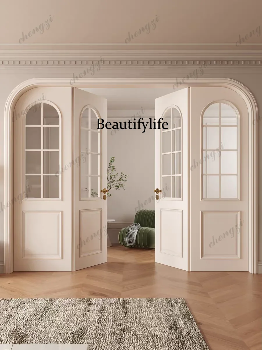 K153   Customization White Paint Medieval Style Hinged Wooden Door Stick Lines Midcentry Deep Lines Four Door Arc Line Glass