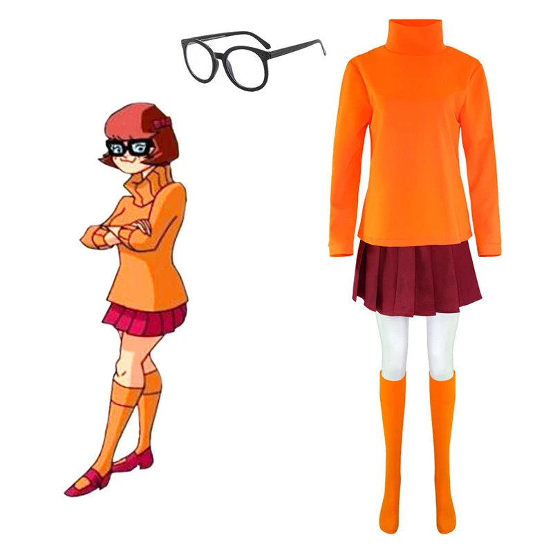 Scoo Velma Daphne Cosplay Costume Shaggy Outfit Uniform Wig Anime Woman Skirt Glasses Halloween Party Set Girls Party Role play