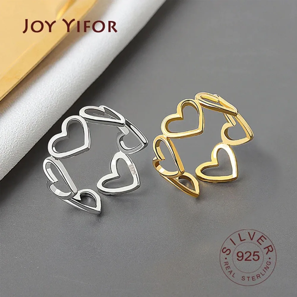 Nyata 925 Sterling Perak Geometris Jantung Hollowout Adjustable Cincin Minimalis Fine Perhiasan untuk Wanita Pesta Hadiah