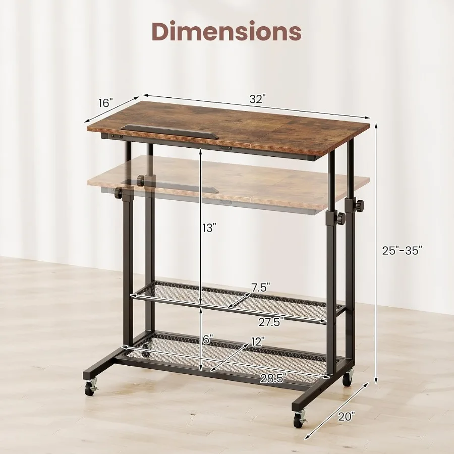 عربة مكتب الكمبيوتر المحمول مع ارتفاع قابل للتعديل مكتب الكمبيوتر المحمول يتميز بسطح الطاولة المائل وأرفف تخزين متعددة #3