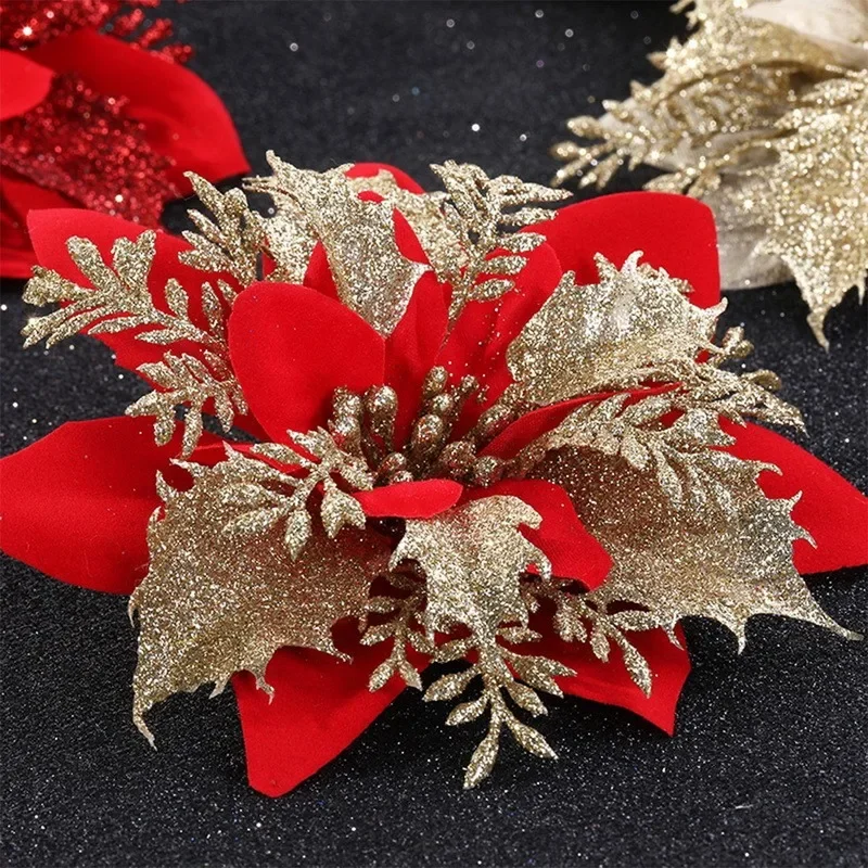 2024 Glitter Pink Christmas Flowers Xmas Tree 14cm Artifical Flower Ornaments Merry Christmas Decoration For Home New Year