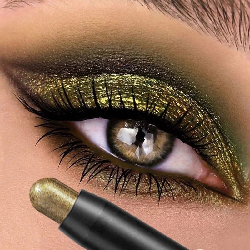 Double-ended Eyeshadow Stick with Smudge Brush Green Pearlescent Matte Lying Silkworm Eye Shadow Highlighter Pencil Eye Cosmetic