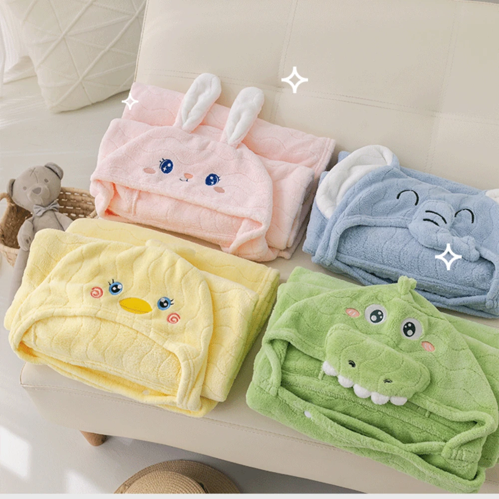 Children\'s Plush Hooded Bath Towel Cartoon Coral Velvet Baby Absorbent Quick Drying Hooded Cape Bathrobe Cute Hooded Bath Towel