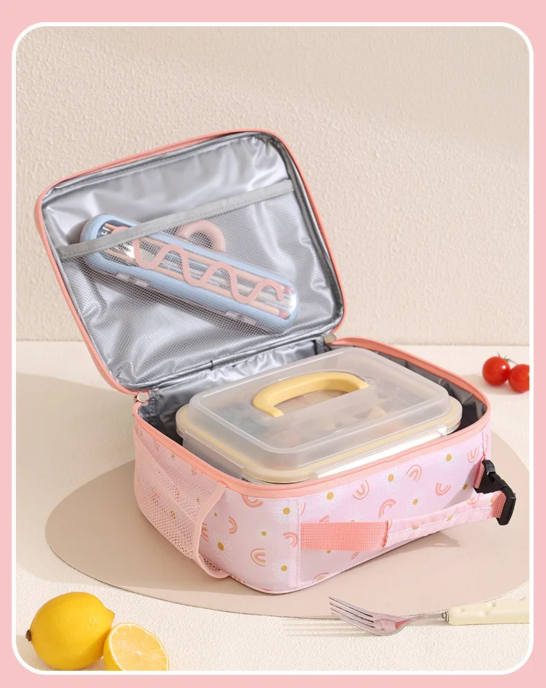 Isolierte Cartoon-Lunchbox für Kinder, niedliche bedruckte Lebensmittel-Handtasche, tragbare Thermo-Lunch-Tasche, Frischhalte-Tasche für Schüler – Detail 5