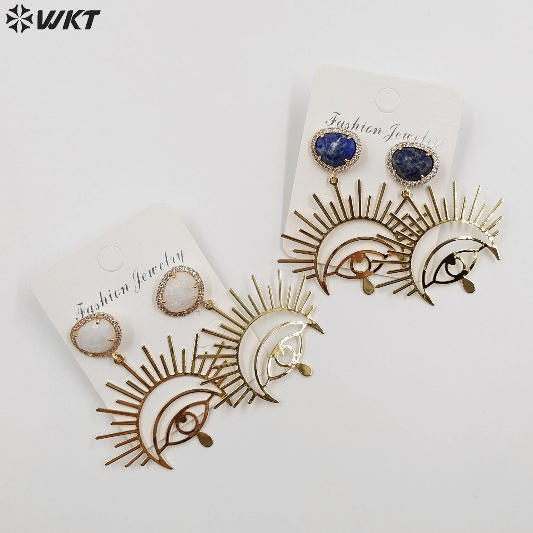 WT-E730 New Arrival Colored Gemstone And Pearl Long Earring  Eye Design 18k Gold Women Gift Commuter Or Dating Decoration