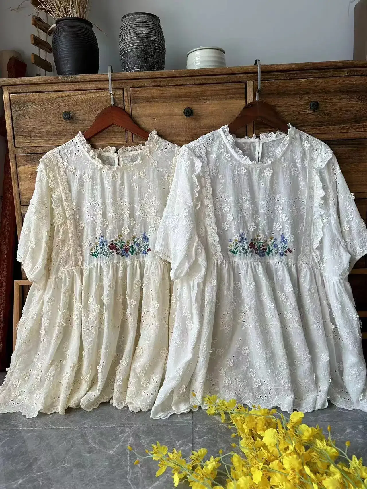 Rococo Vintage Cotton Linen Eyelet Lace Floral Embroidery Puff Sleeve Shirt Summer Victorian Retro Ruffled Loose Babydoll Blouse