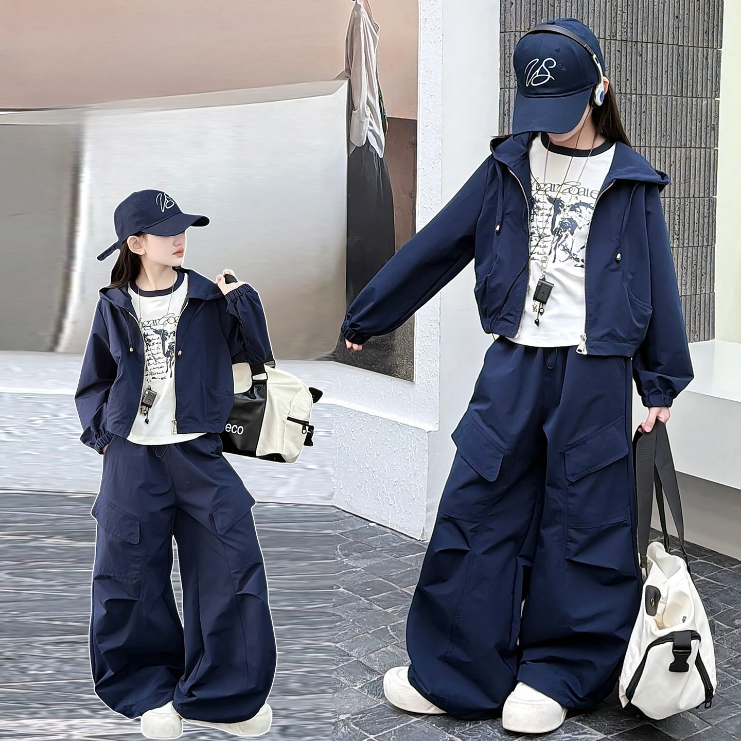 

spring teen girls sport clothes set Hooded zipper jacket+cargo pants 2pcs junior kid sportswear suit child Workwear outfits 4-14