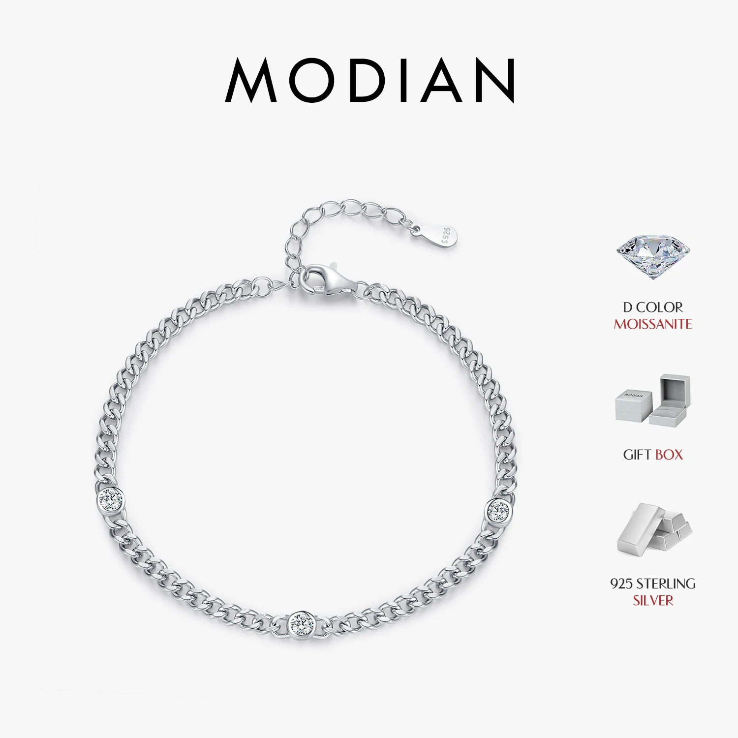 

MODIAN White Gold Plated D Color Round Moissanite Twisted Bracelet 925 Sterling Silver VVS1 Dainty Adjustable Jewelry Gifts