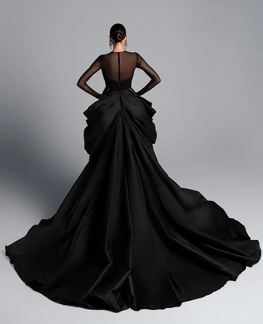 2025 Sexy Black Ladies Satin Off Shoulder Prom Dress Side Slit Puff Dress Evening Dress Cocktail Dress Lace Long Sleeve Custom