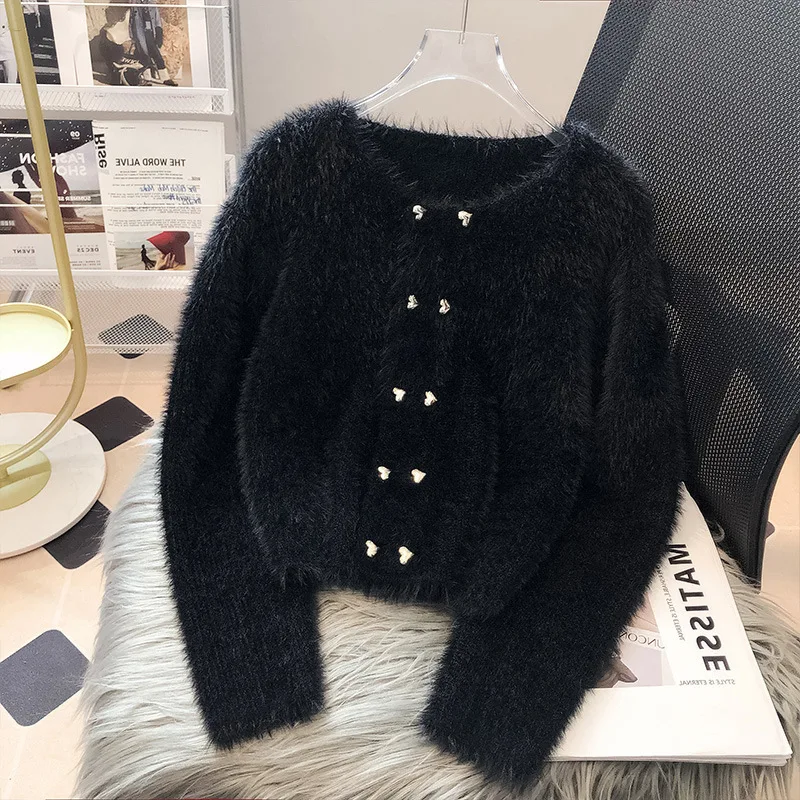 Imitation Mink Fur Knitted Cardigan 2023 New Autumn Clothing Women's Short Round Neck Small Fragrant Style Top Sweater Jacket