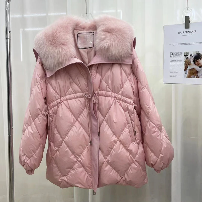 MENINA BONITA 2023 nuove donne invernali vera pelliccia di volpe naturale collo d\'oca bianca piumino spesso caldo lusso antivento Streetwear