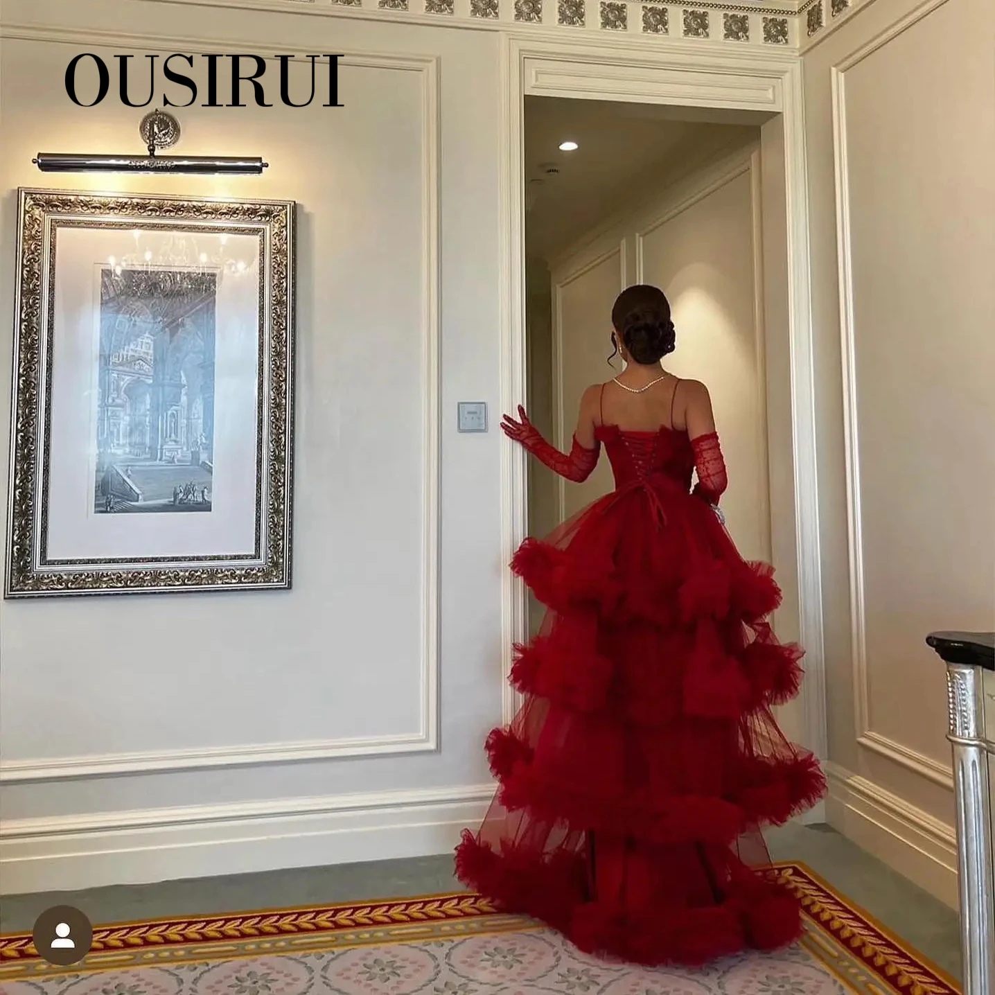 OUSIRUI Burgundy Tulle Tiered Ruffles Evening Dresses with Gloves Pink Spaghetti Straps Wedding Party Gowns فساتين سهره