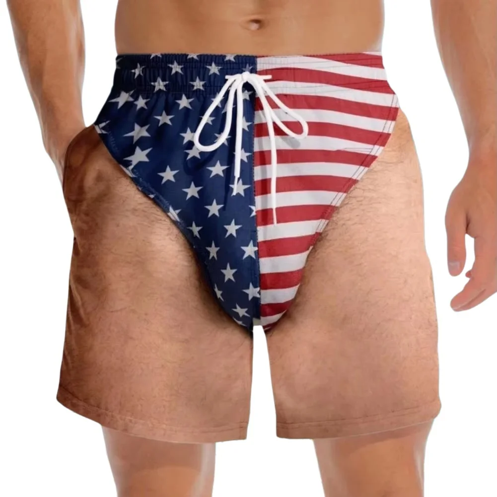 Funny Fake Two‑Piece Beach Shorts USA Flag  Simulation Print Drawstring Elastic Waist Party Vacation Board Shorts FamilyMatching