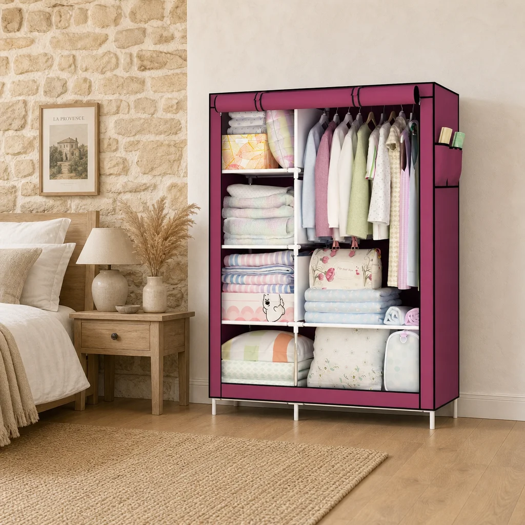 Sturdy Large Capacity Fabric Wardrobe with Side Pockets, Easy Assemble Non-Woven Clothes Organizer for Rental Home