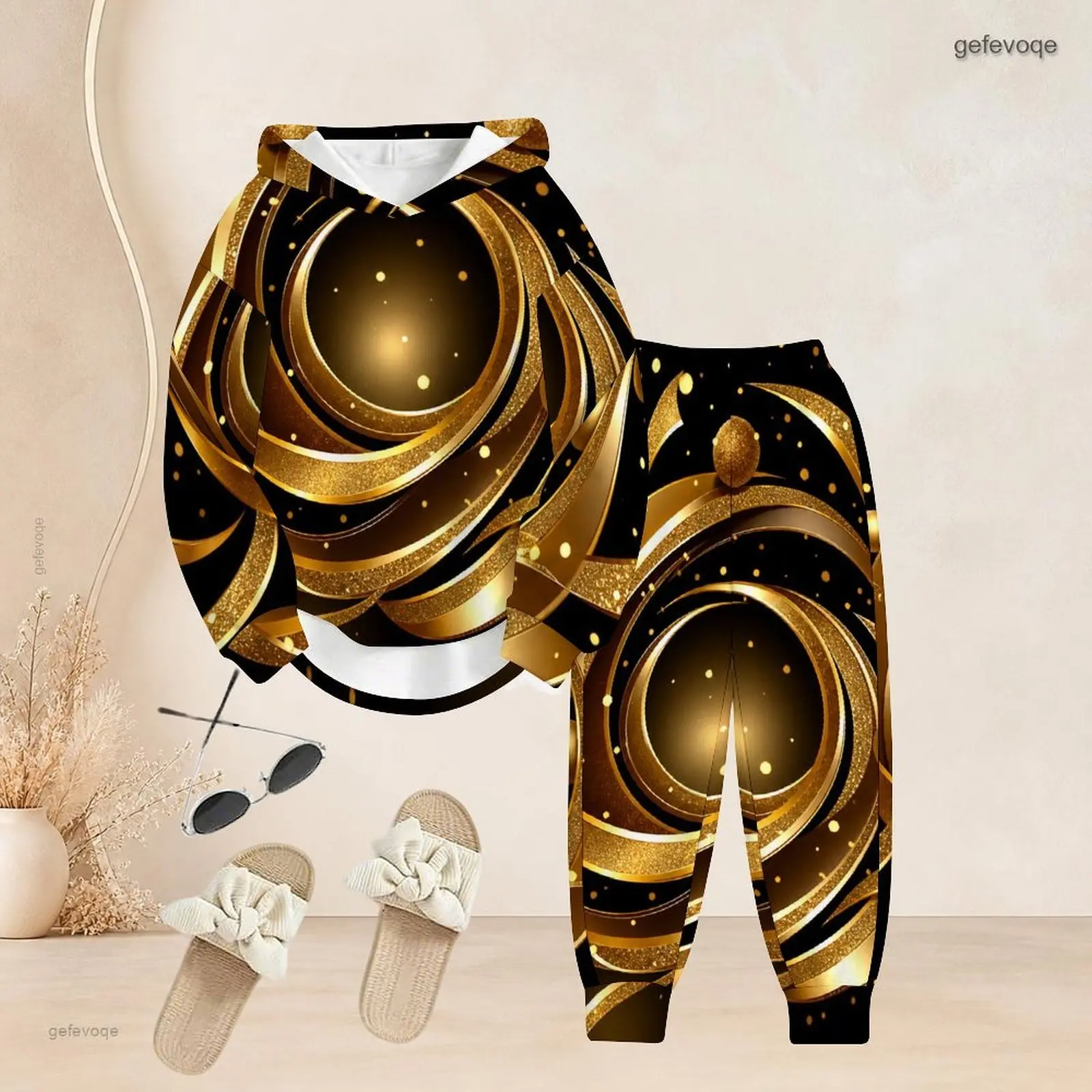 Black Golden Abstract Circular Swirl Printed Long Sleeve Hoodie Cuffed Pants Two Piece Set