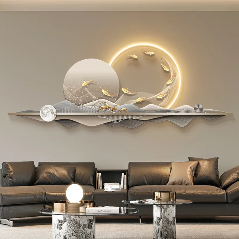 Living Room Decoration Painting Nine Fish Picture Lamp Painting High-end Sense Background Wall Three-dimensional Wall Decoration