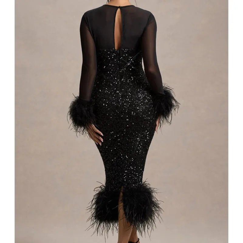 Abiti da ballo con paillettes Abito Abiti 2025 Donna Vestido Femininos Maniche lunghe Maglia Peluche Patchwork Banchetto Temperamento elegante