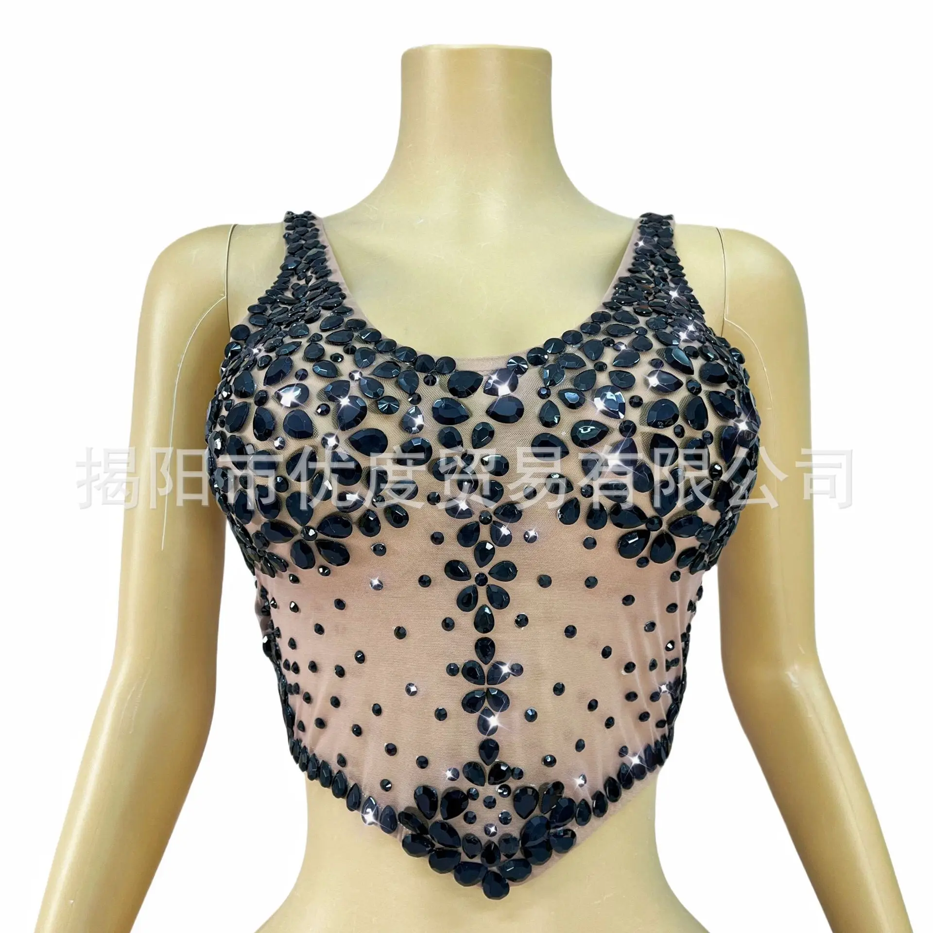 

Niche Black Rhinestone Sexy Halter Skin Tone Mesh Top Birthday Singer DJ Night Show Midnight Vestidos De Noche De Lujo De Fiesta