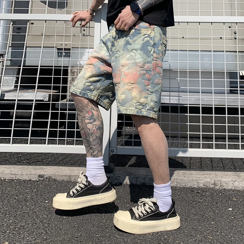 

9366 Summer new high street tide brand colourful jacquard five-minute trousers men's personality gangster handsome denim shorts