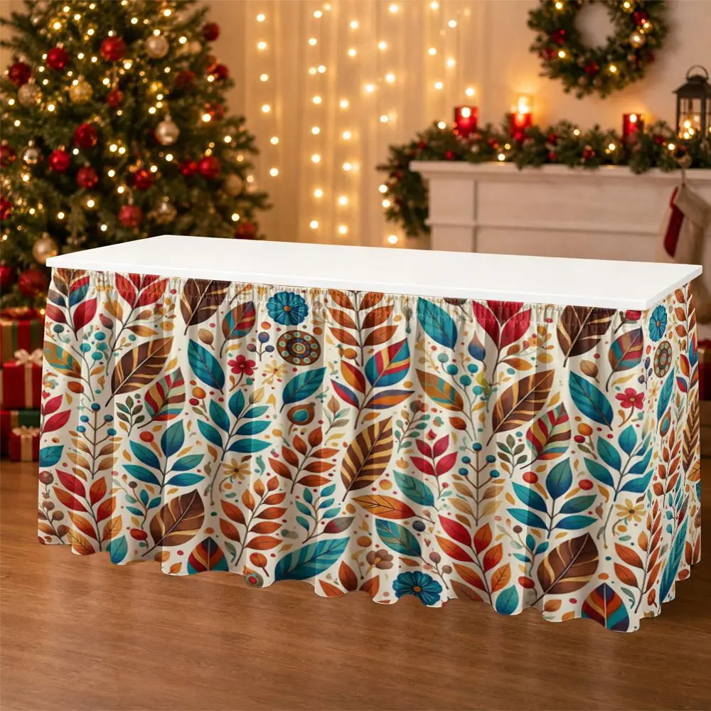 One-piece party table skirt decoration - autumn leaf and flower pattern printed ruffled tablecloth border