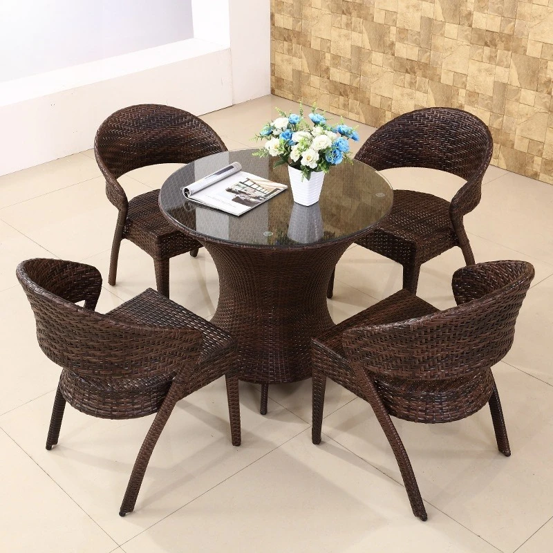 Modern PE Wicker Rattan Outdoor Chair Balcony Furniture Aluminum Metal Frame Glass Table and Chair Set
