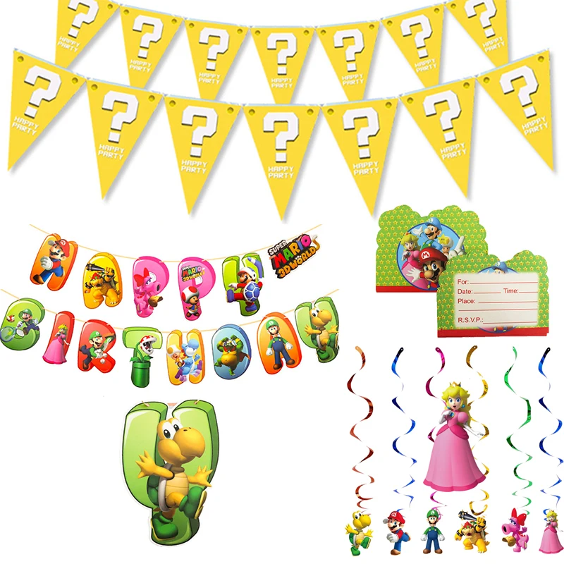 Super Mario Bros Birthday Banner Anime Children Party Decoration Bunting Garlands Kids Invitation Card Anging Decor Supplies