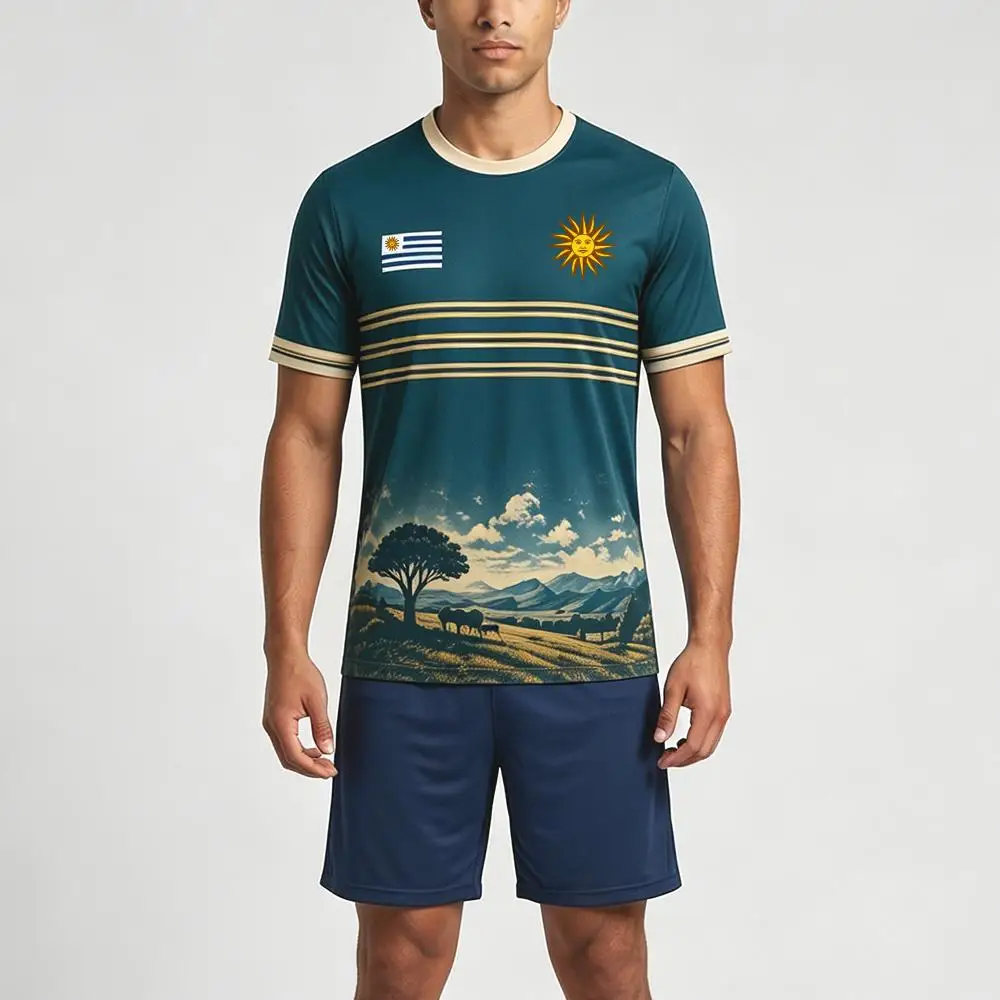 2026 New Uruguay Flag and Prairie Print Jersey Men's Outdoor Sports Casual Tops Summer Breathable Quick-drying Football T-shirt
