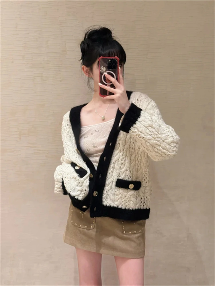 

Свитер свободного кроя с цветными блоками, модный, новый дизайн, для повседневной носки, с V-образным вырезом, на пуговицах, теплый, согревающий