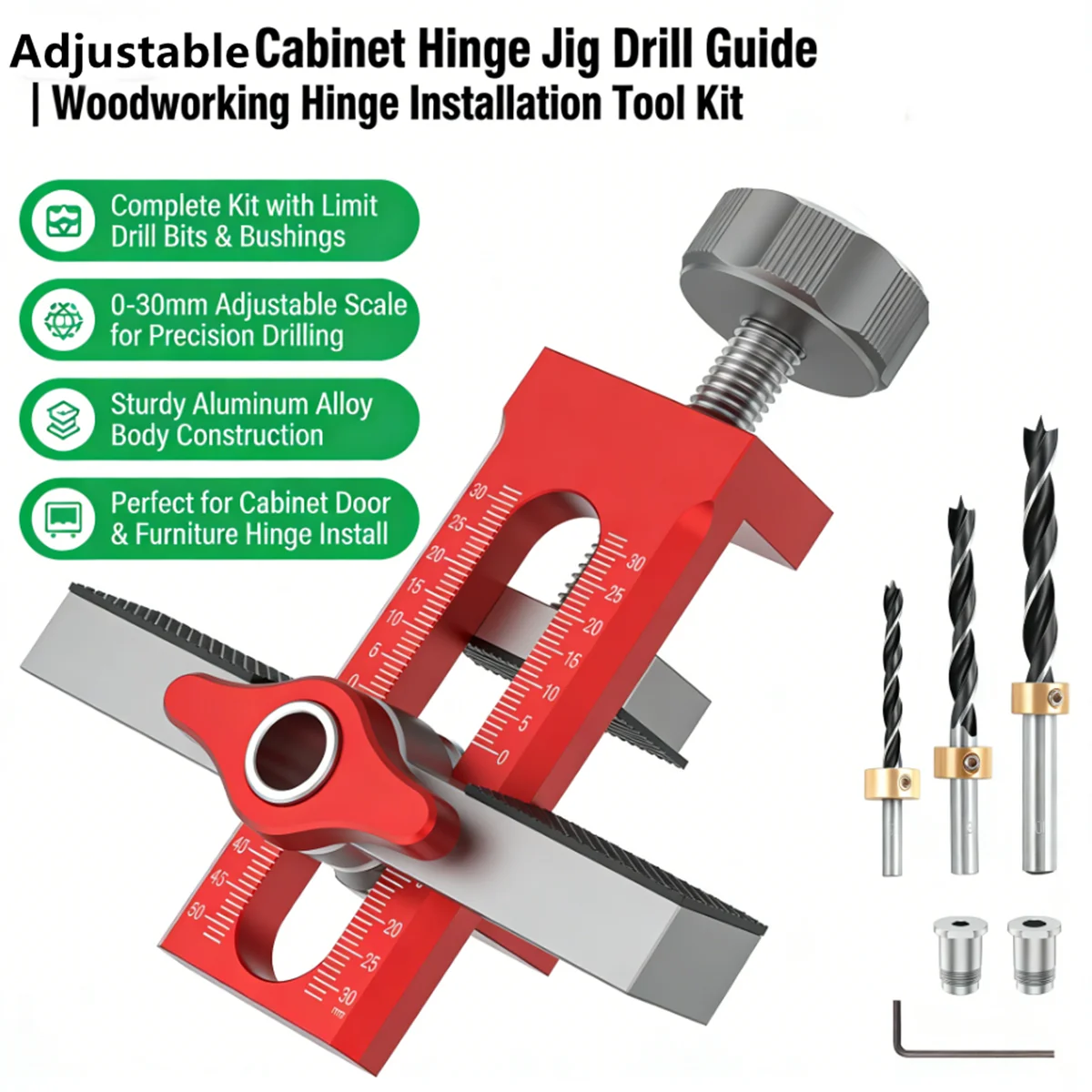 

Adjustable Cabinet Hinge Jig Aluminum Alloy Drilling Jig with Drill Bits Cabinet Door Hinge Hole Punch Locator Woodworking Tools