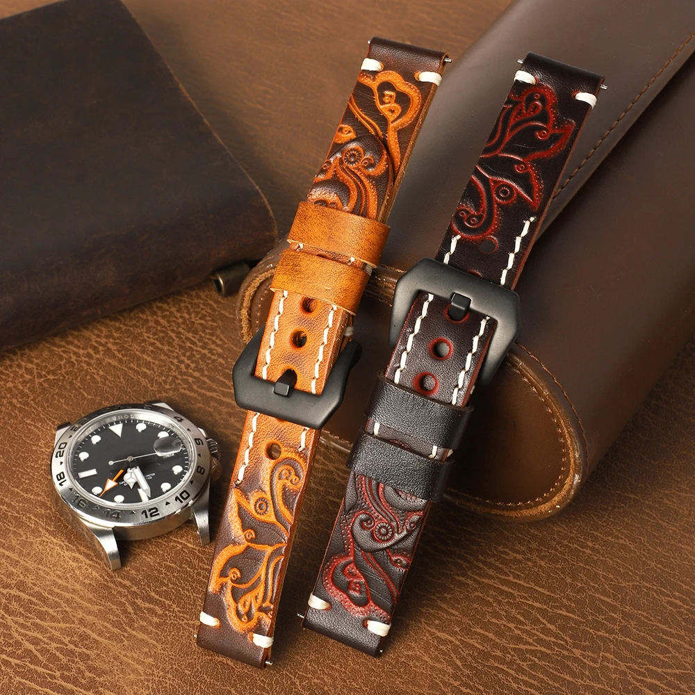Vintage Carved Embossed Genuine Leather Watch Strap 20mm 22mm 24mm Handmade Stitched Watch Band Black Buckle for Watch Accessory